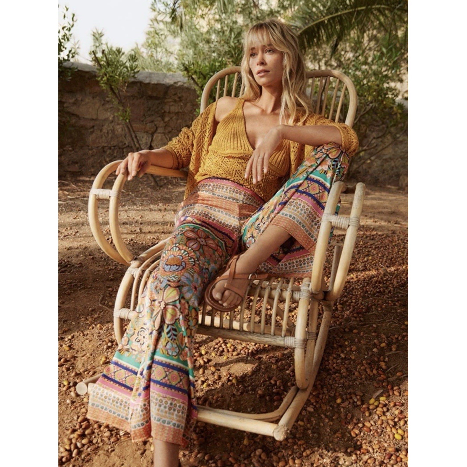 Molly Bracken Satin Palazzo Pants Olga Print Dopamine Boho Hippie Festival Small